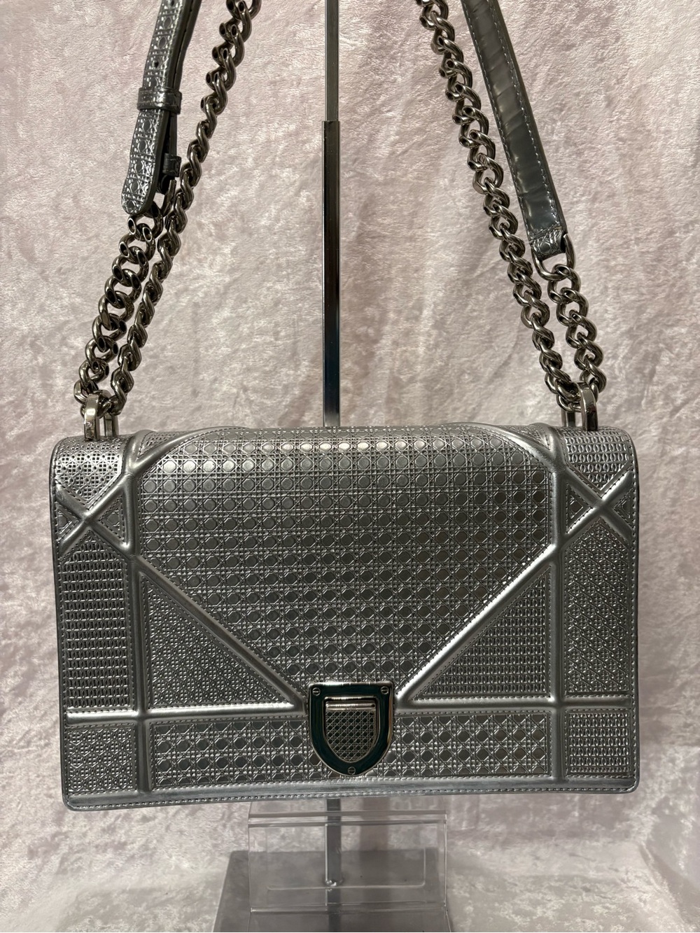 Christian Dior Microcannage Diorama Medium Flap Bag in Silver Metallic COA